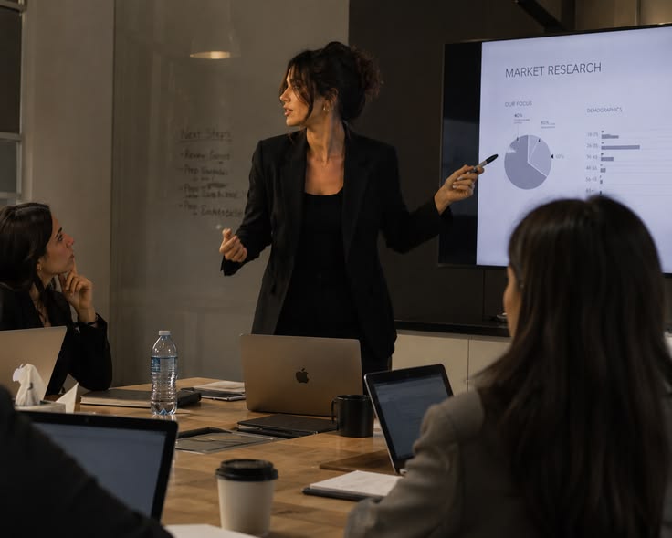 Woman presenting market research findings to a team in a boardroom